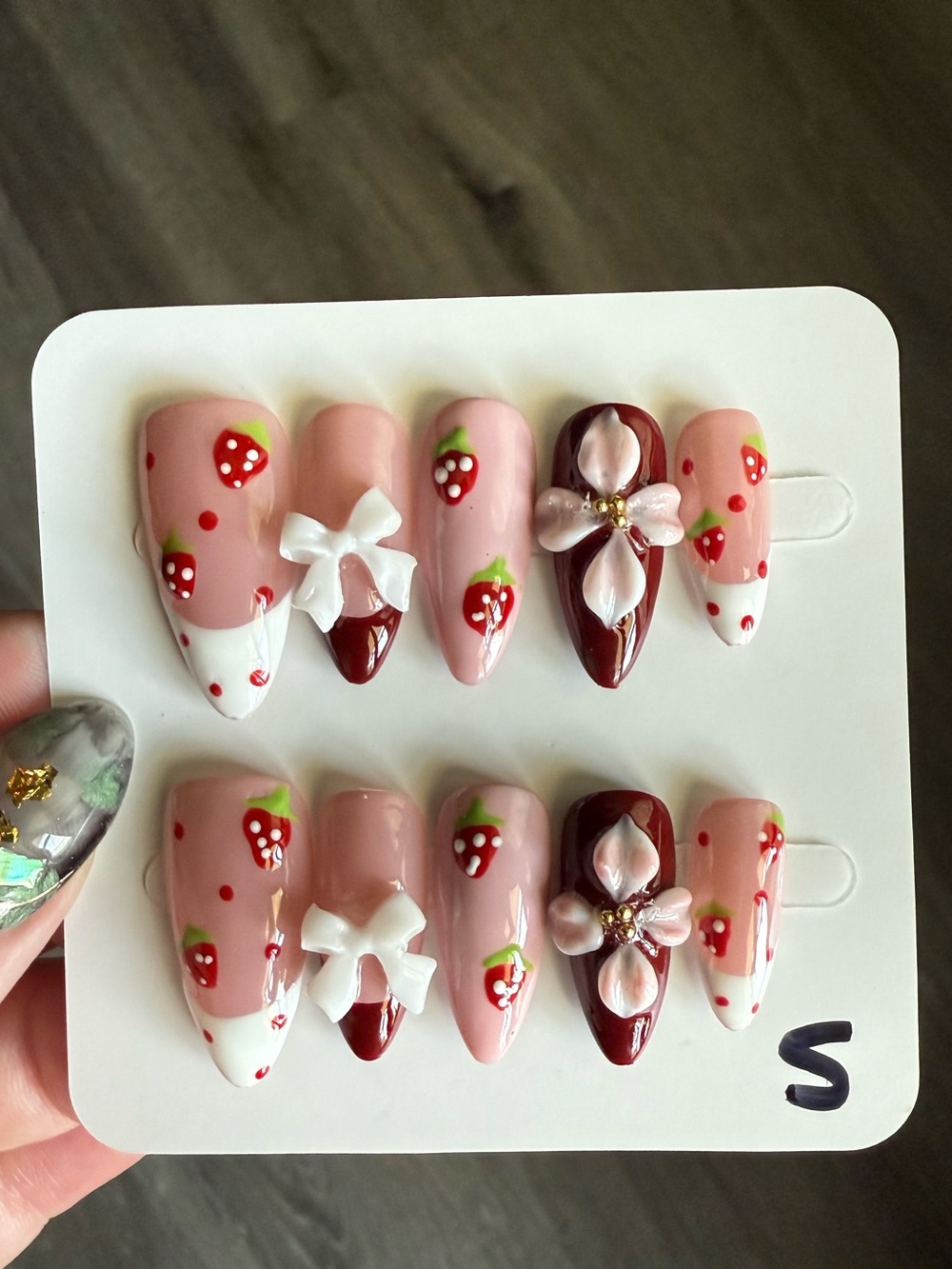 Strawberry 3D Bow Press-On Nails Handmade